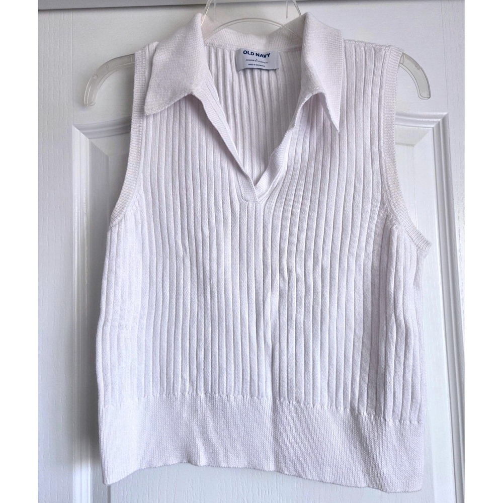 Old Navy Womens White Ribbed Sleeveless Sweater Polo V-Neck Knit Top Large
